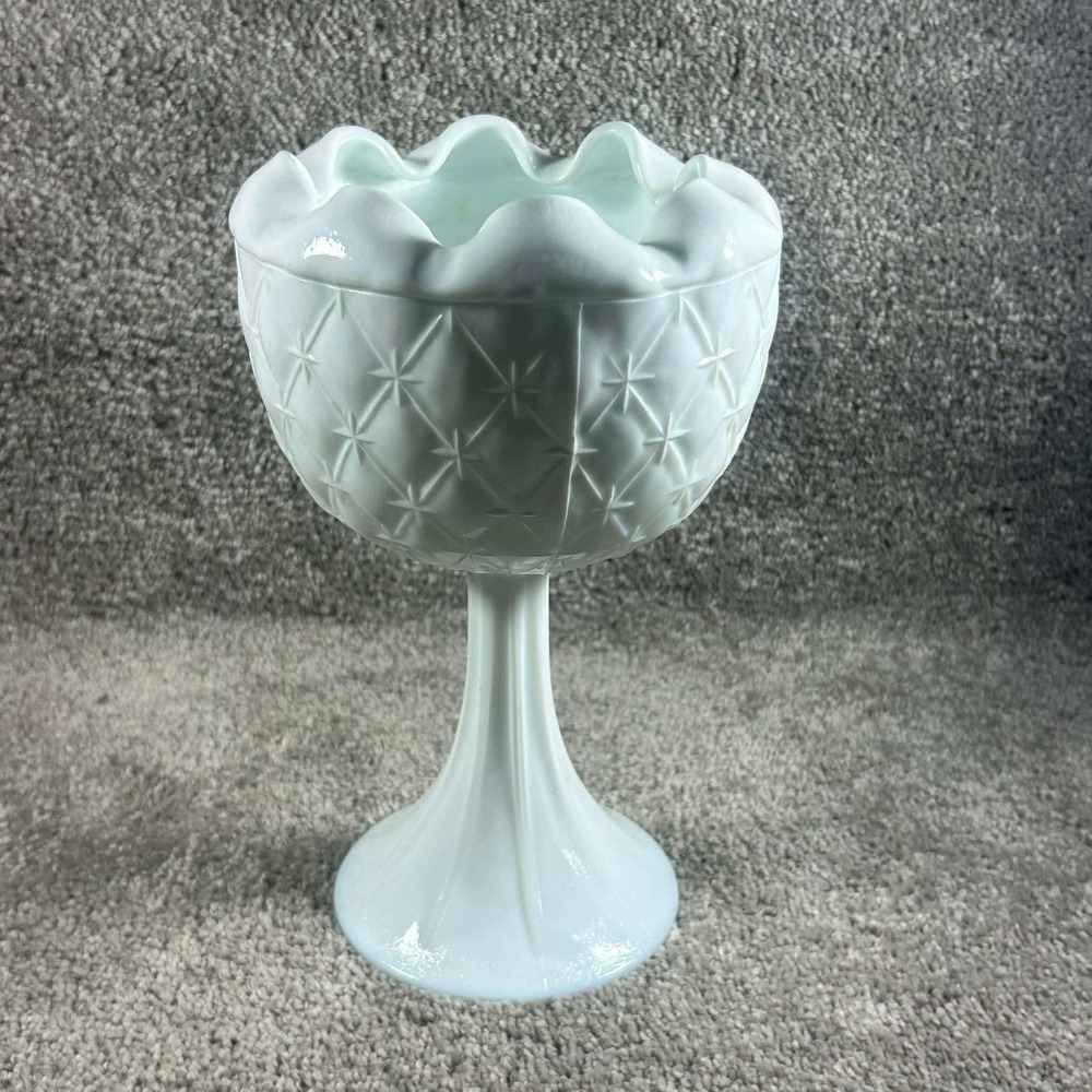Milk Glass Compote Bowl White Diamond Star Ruffled Pedestal Dish Cottagecore